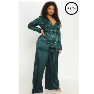 Plus Emerald Green Satin Wide-Leg Pants